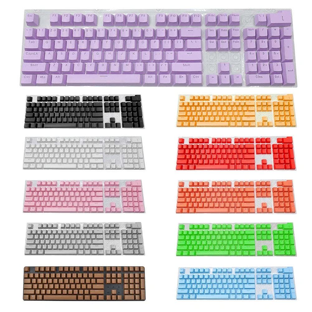 A collection of various colored mechanical keyboard keycaps and switches shown in different layouts.