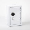 A white compact home safe box with a metal combo lock and keys.