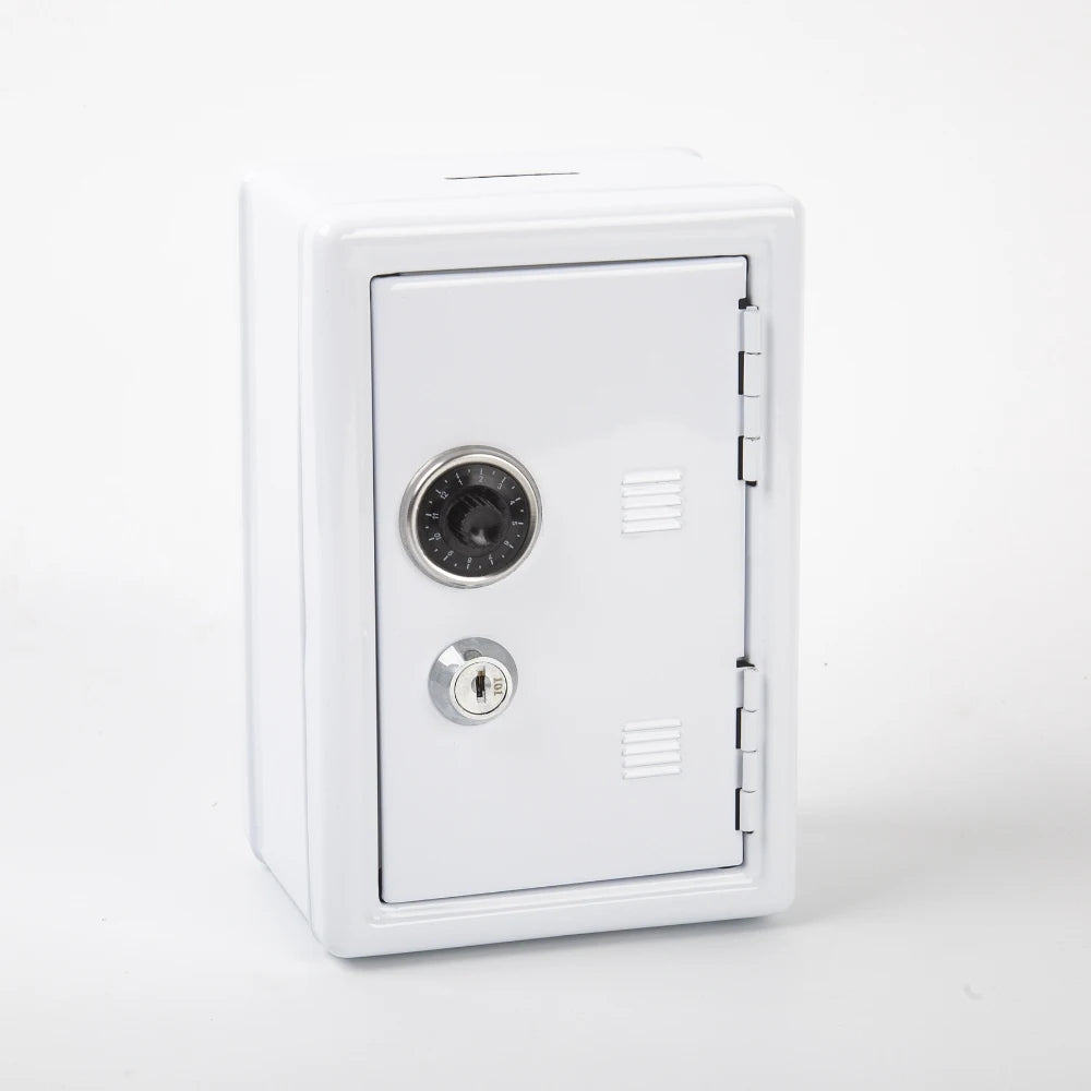 A white compact home safe box with a metal combo lock and keys.