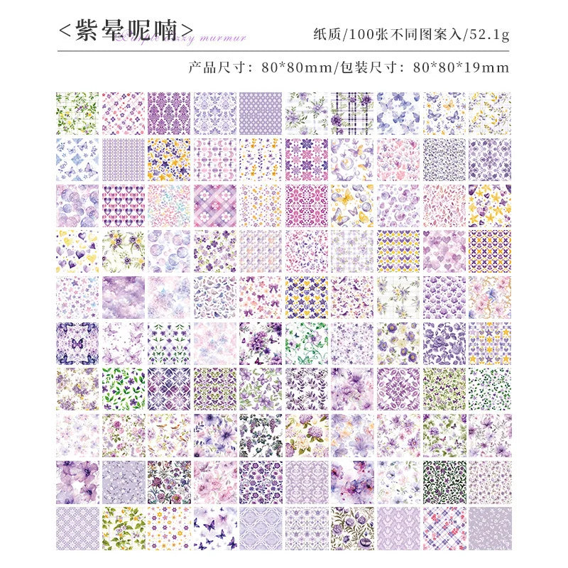 A grid of vintage floral square scrapbook paper in various shades of purple, pink, and green.