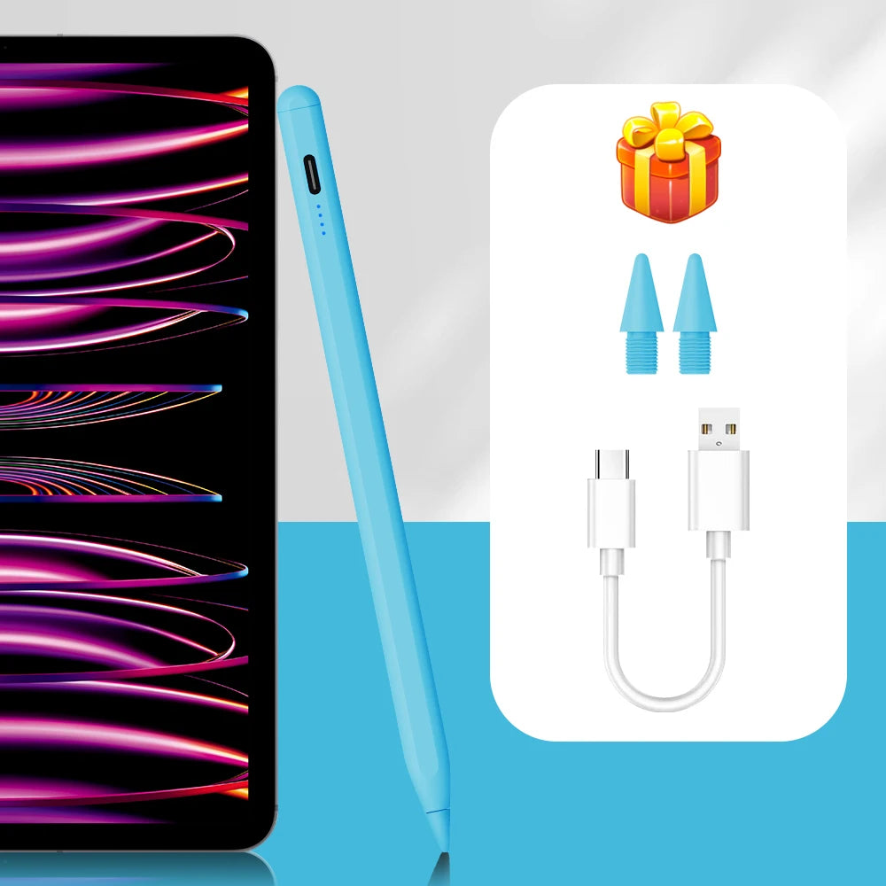 A blue magnetic stylus pen and charging cable with tips shown next to an iPad screen.