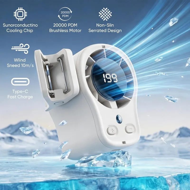 A white portable clip-on fan with an LED display showing 199, set against a blue icy background.