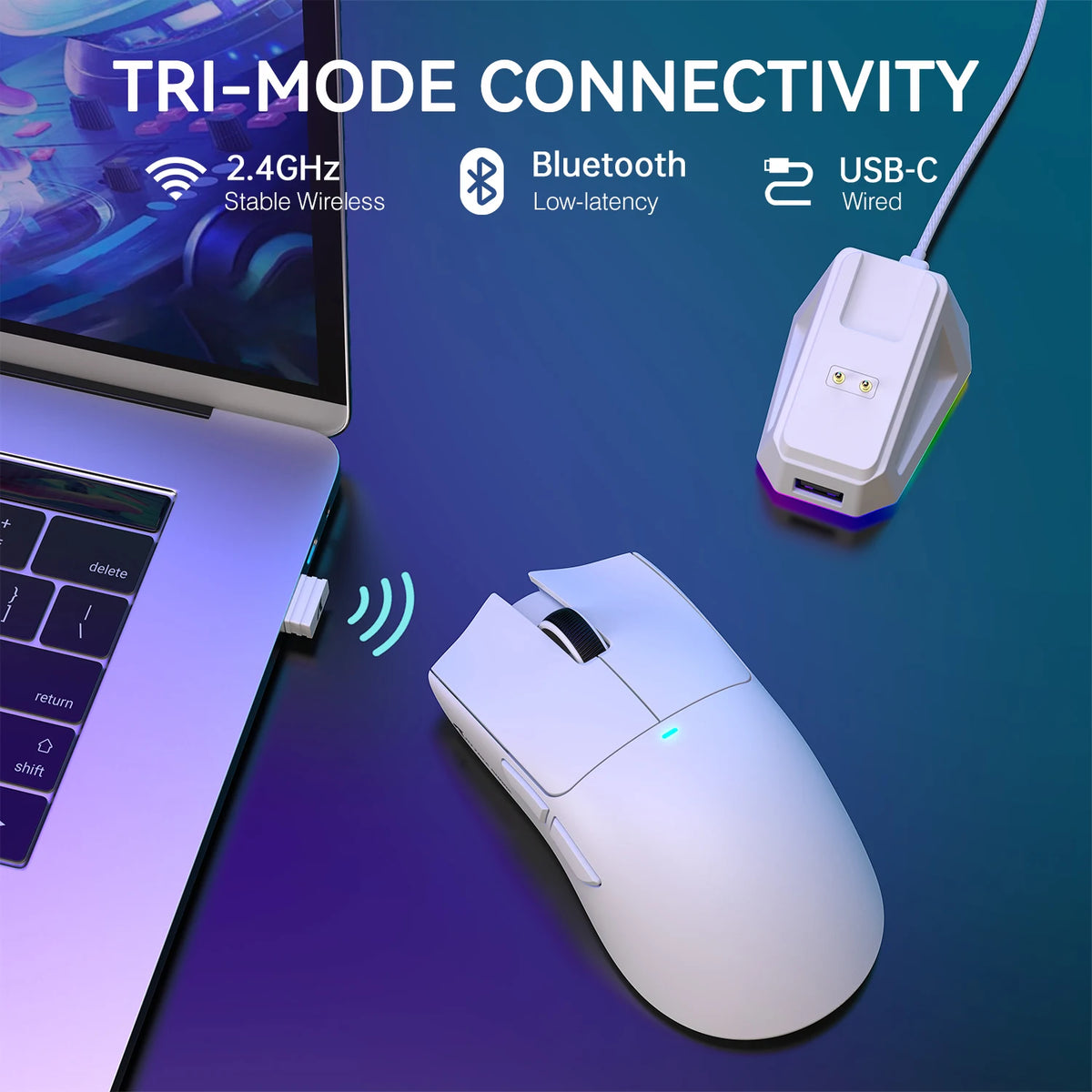 A white lightweight wireless gaming mouse is shown next to a laptop, illustrating tri-mode connectivity options.