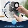 A hand is holding a portable handheld mini fan with a rotating head, demonstrating its 135 degree adjustable angle.