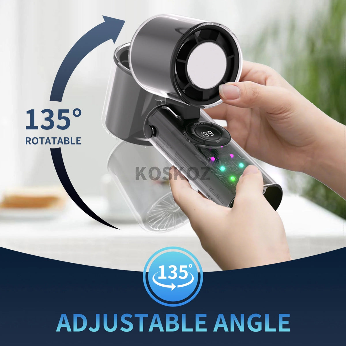 A hand is holding a portable handheld mini fan with a rotating head, demonstrating its 135 degree adjustable angle.