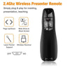 Black wireless presenter remote with buttons for page navigation, slide show, laser pointer, and wireless receiver support