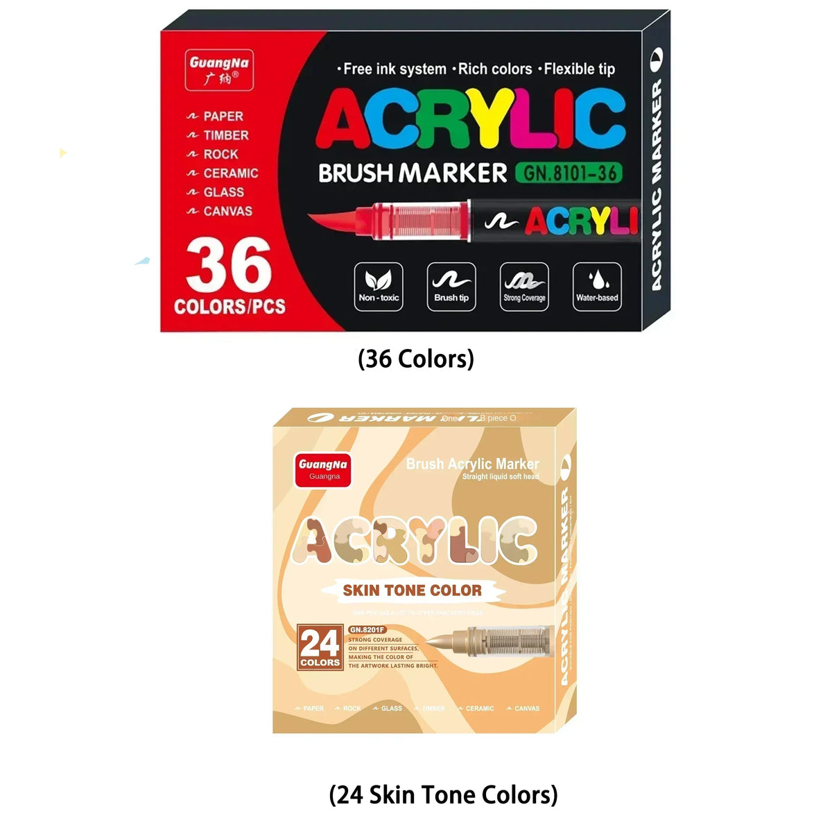 Box of Acrylic Brush Markers featuring 36 colors and a set of 24 skin tone colors