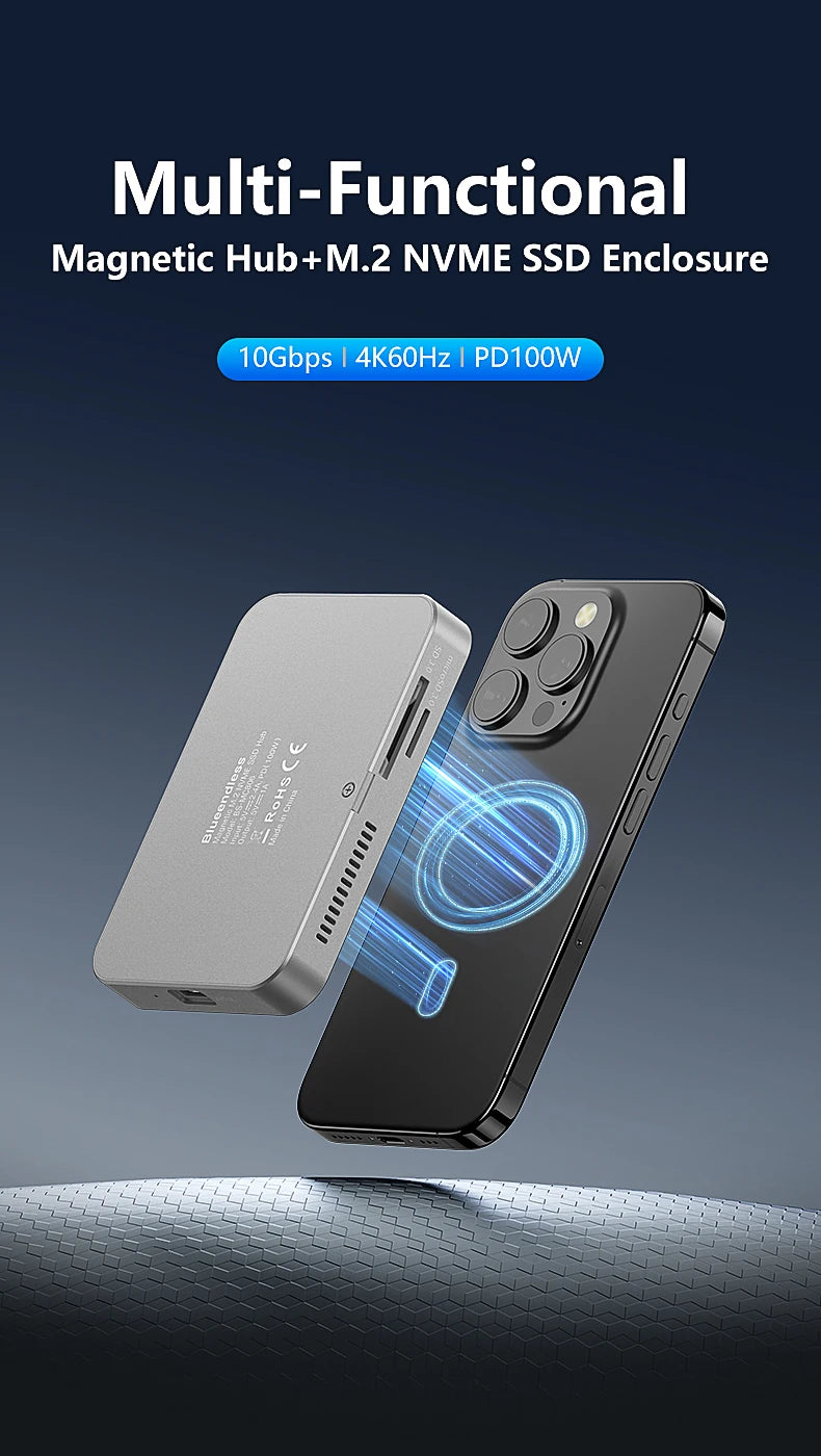 Un hub magnétique argenté et un boîtier SSD M.2 NVMe à côté d'un smartphone, mettant en évidence sa polyfonctionnalité