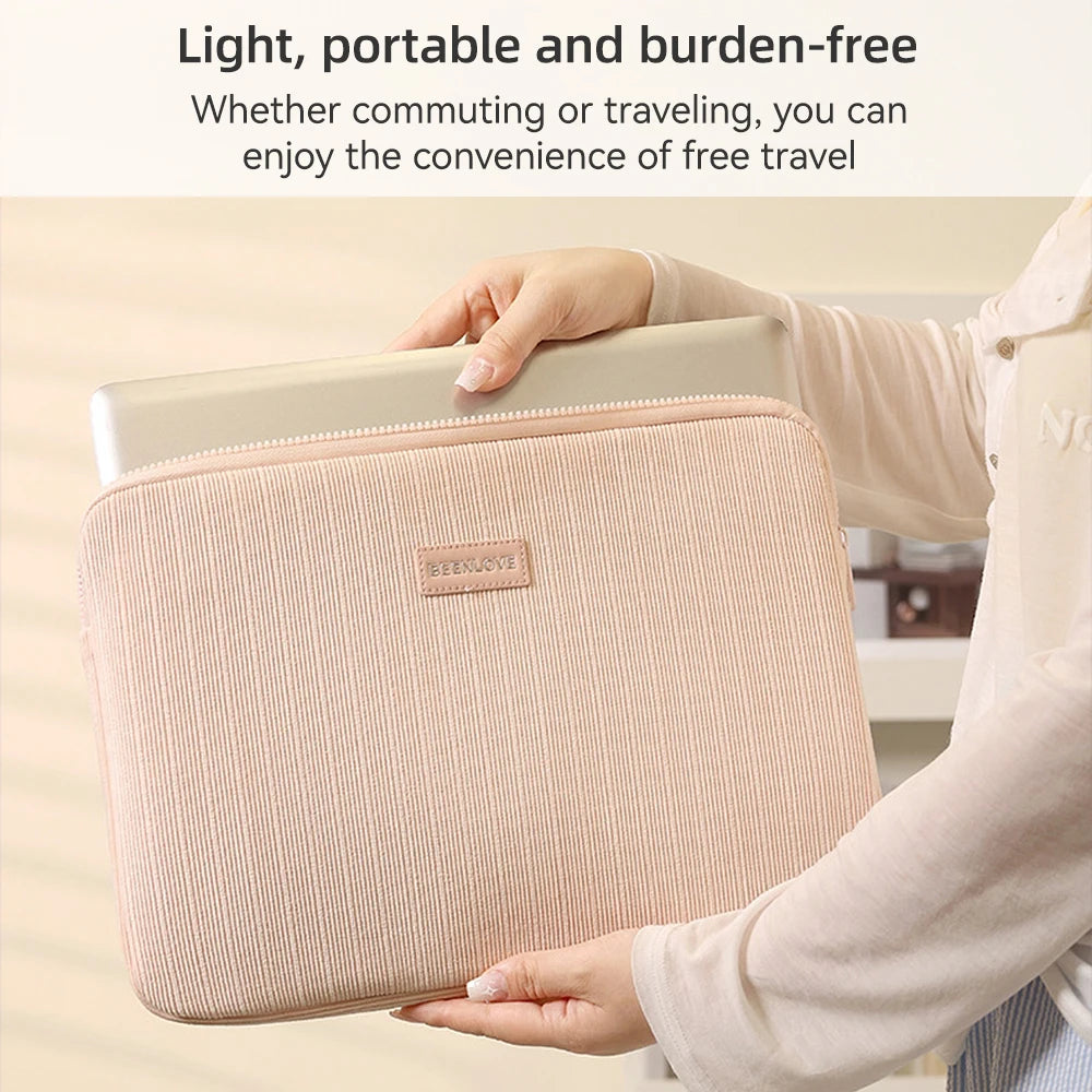 A person holds a light pink laptop sleeve designed for commuting or travel.