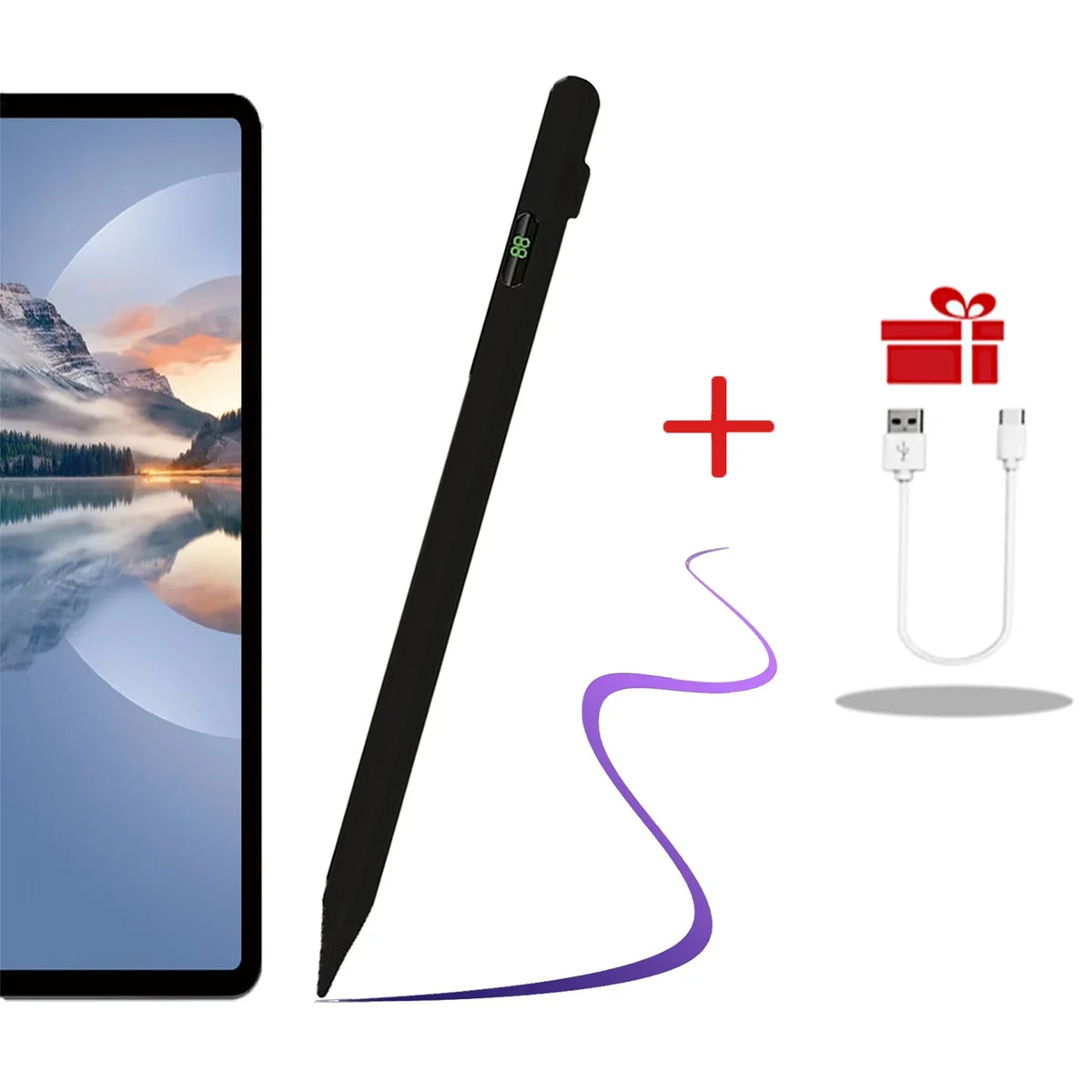 A black precision stylus pen next to an iPad and a gift box with charging cables.