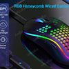 A close-up view of an RGB honeycomb wired gaming mouse with customizable features and ergonomic design.