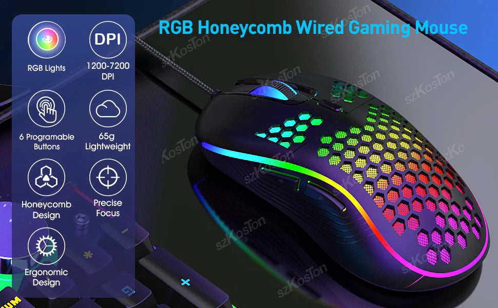 A close-up view of an RGB honeycomb wired gaming mouse with customizable features and ergonomic design.