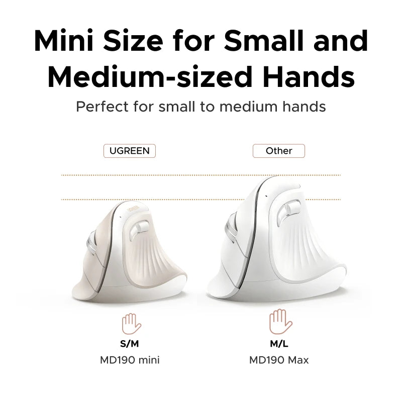 Comparison of mini and max size ergonomic vertical wireless mice models MD190 mini and MD190 Max