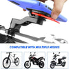 A universal motorcycle phone mount is shown being installed on a blue smartphone, demonstrating its compatibility with multip