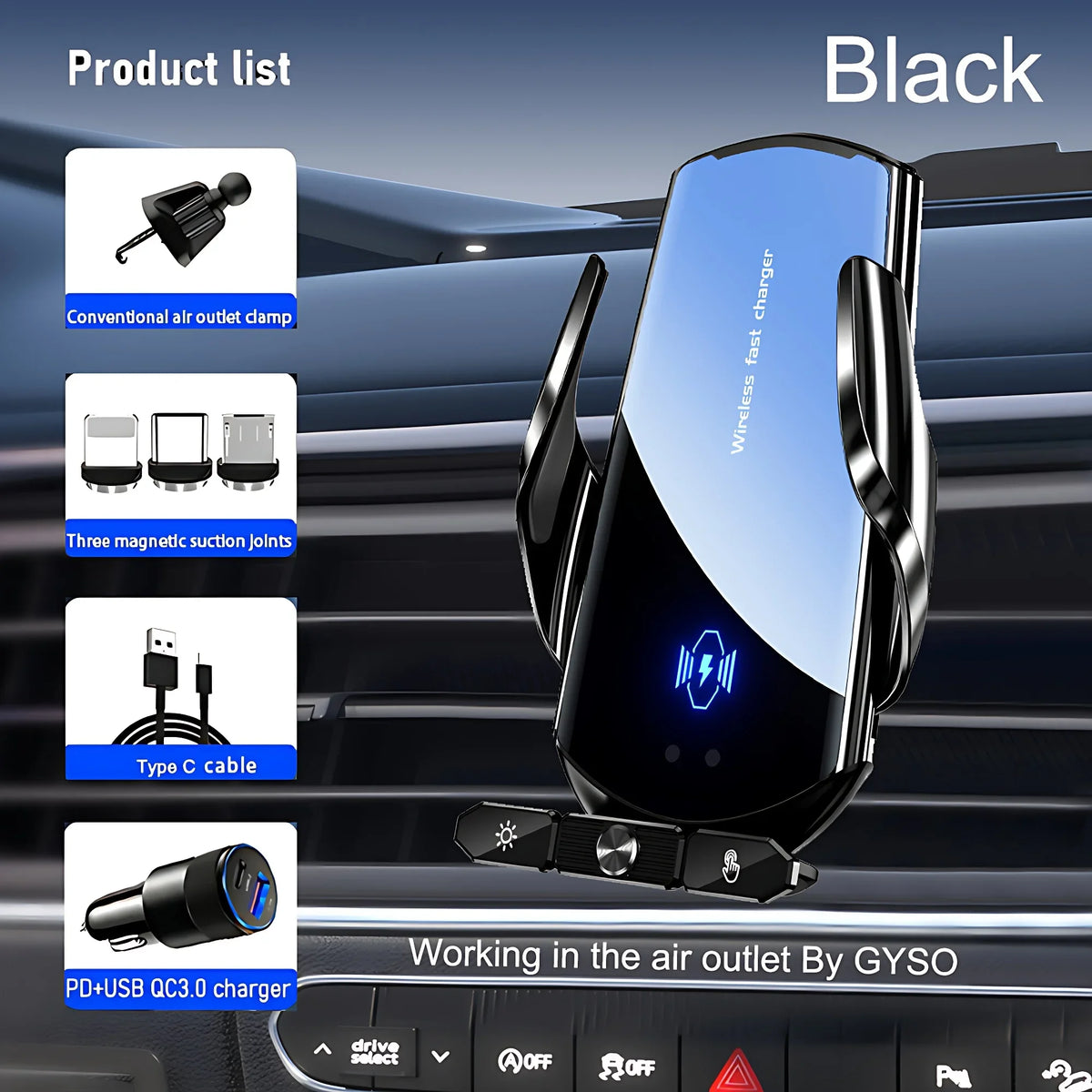 Black wireless fast charger phone mount working in the car air outlet by GYSO