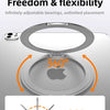A silver magnetic tablet holder demonstrating 360-degree adjustable bearings and an 180-degree placement angle.