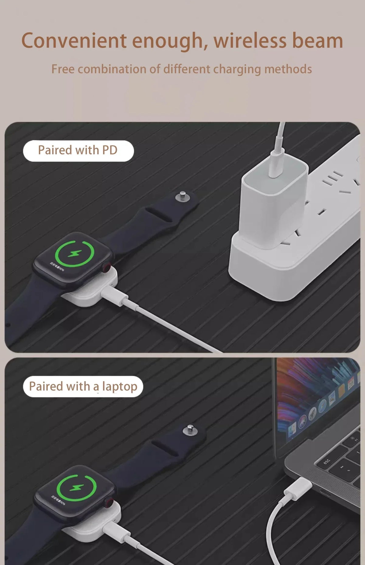 A smartwatch is shown being charged wirelessly using a magnetic adapter and a separate charging base.