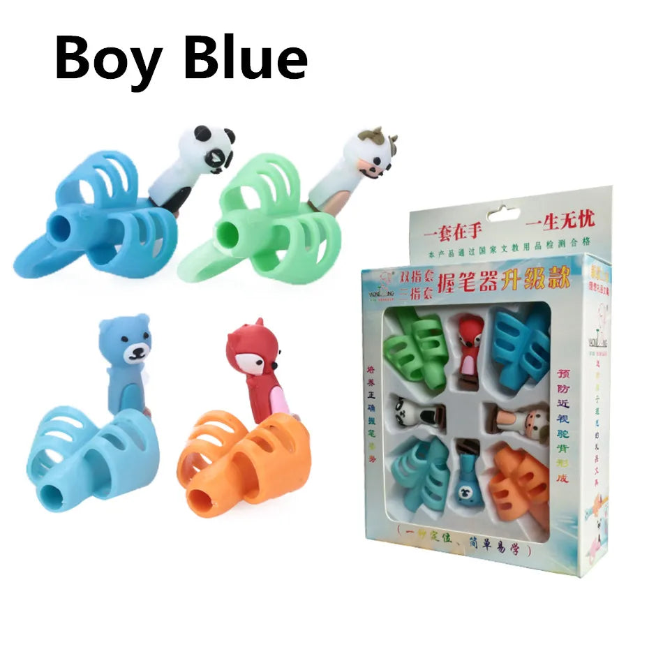 A set of Boy Blue ergonomic silicone pencil grips for kids, including various shapes and a storage box.
