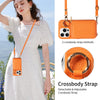 Orange crossbody strap phone case for a woman with a white dress