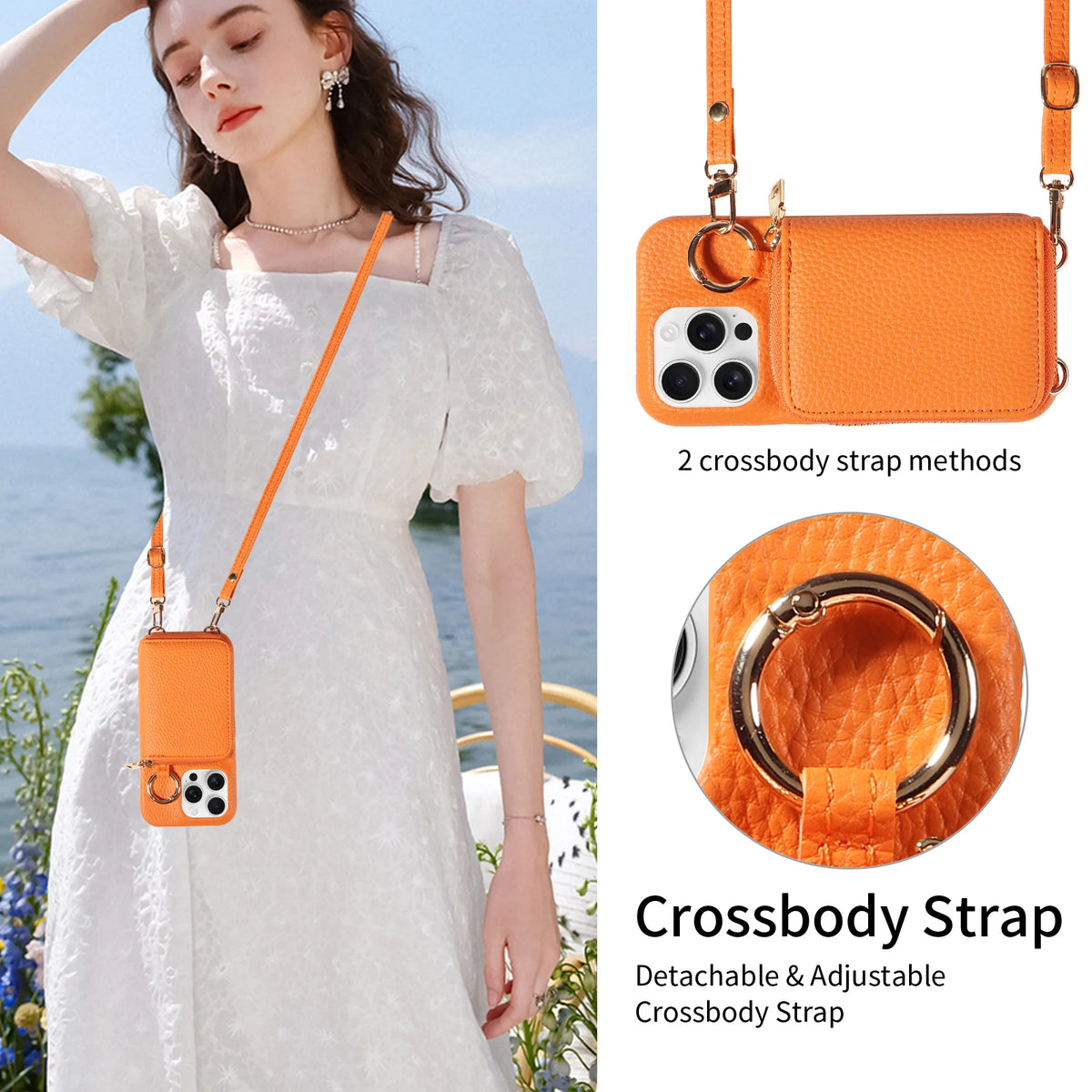 Orange crossbody strap phone case for a woman with a white dress