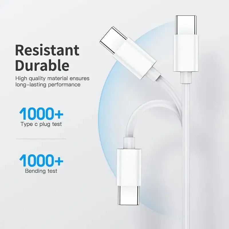 Un câble de charge USB-C blanc avec plusieurs tests de durabilité indiqués sur l'emballage.