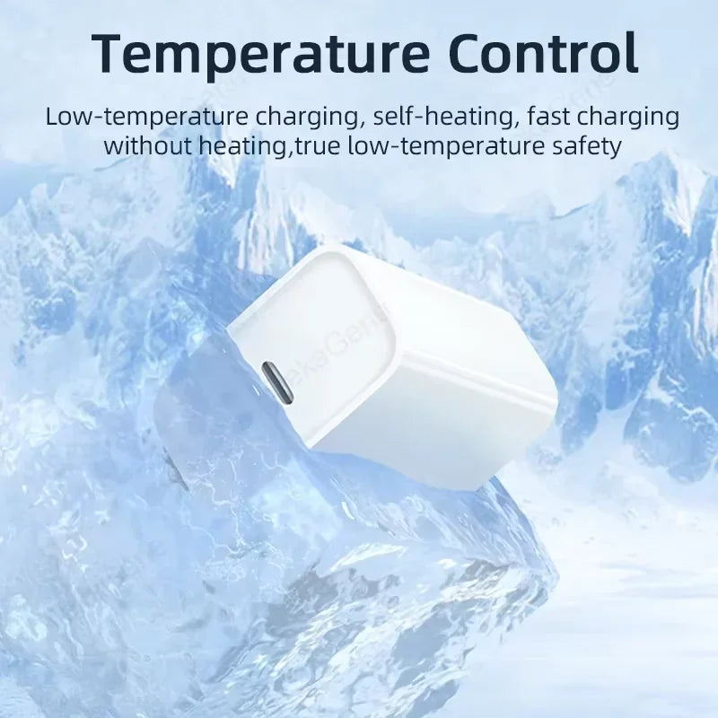 A white temperature control device is shown against a background of icy mountains.
