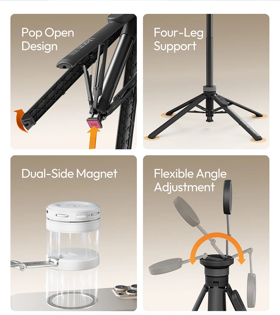 A magnetic phone tripod features a pop-open design, four-leg support, dual-side magnets, and flexible angle adjustment.