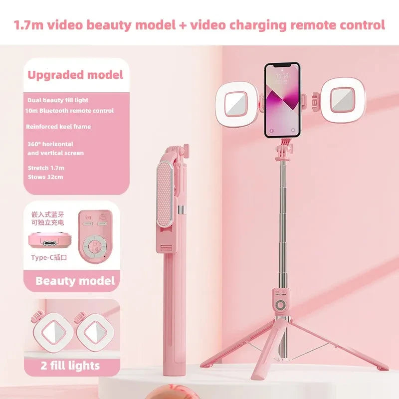 A pink 1.7m video beauty model with a built-in LED light and a remote control is displayed on a pink wall.