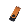 An orange and black USB flash drive with a circular button on the side.