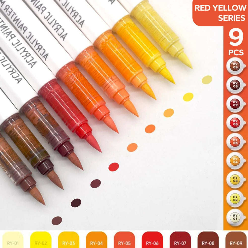 A set of nine red and yellow acrylic brush markers with automatic ink control in various shades