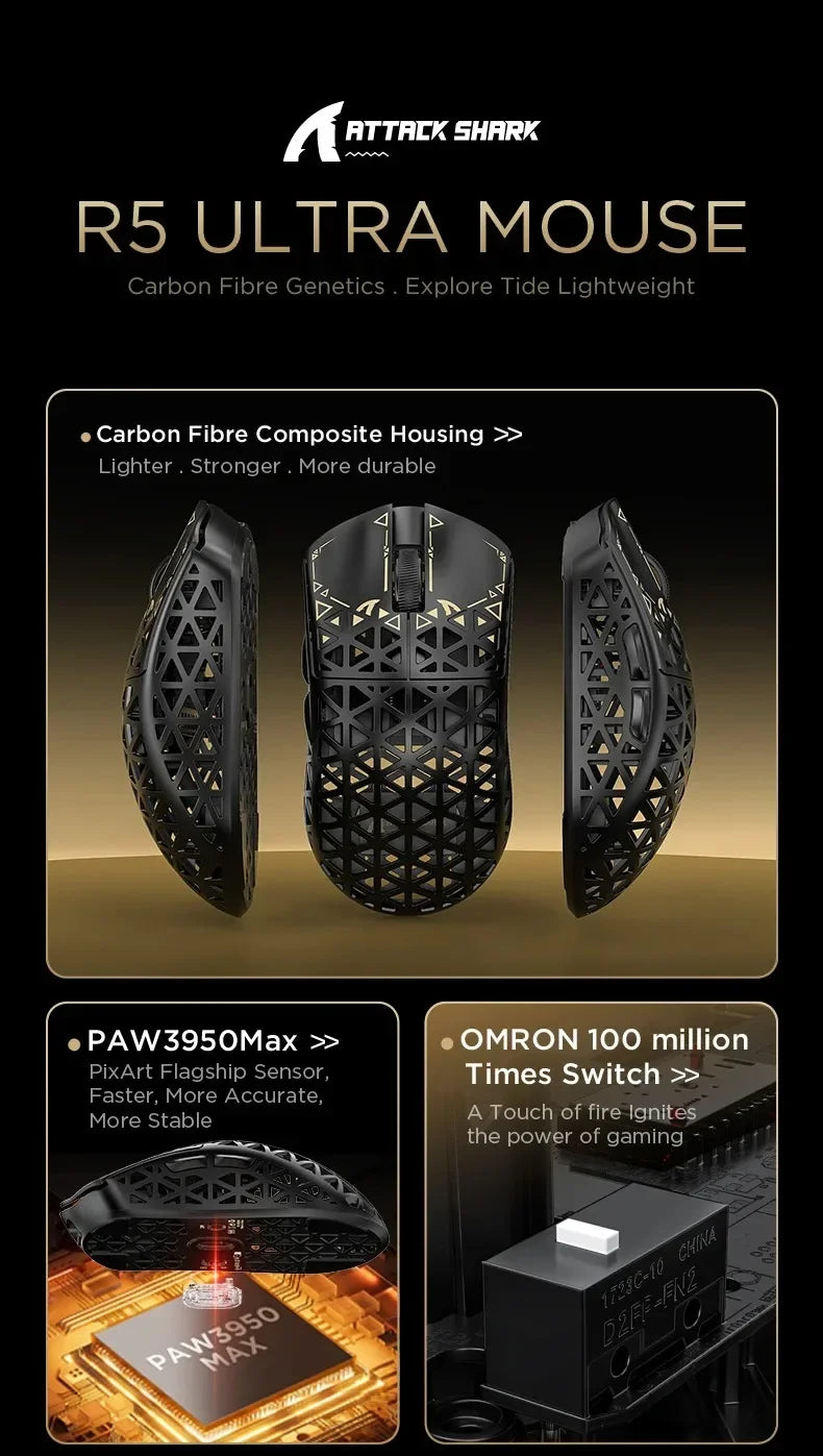 Attack Shark R5 Ultra Mouse featuring carbon fibre composite housing and a PixArt flagship sensor