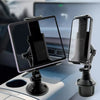 A universal car mount for phones and tablets with a 360-degree rotating long arm mounted on a vehicle console.