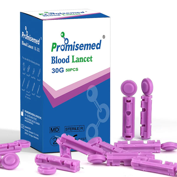 Box and several purple sterile 30G lancets for blood sugar testing devices