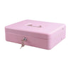 A pink secure metal money box with a hinged lid and a small keyhole visible on the front.