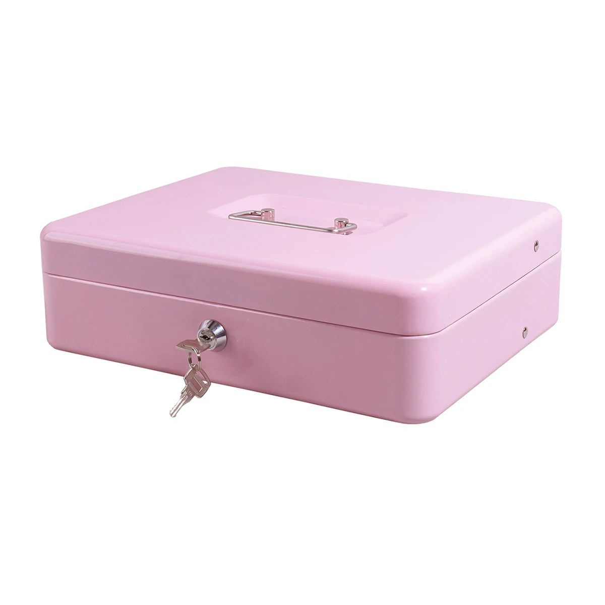 A pink secure metal money box with a hinged lid and a small keyhole visible on the front.