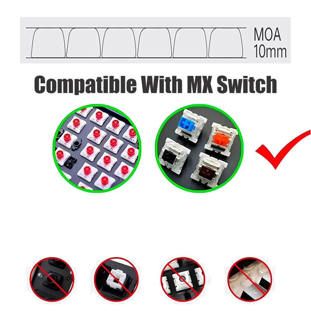 A set of cat print PBT keycaps for mechanical keyboards, shown in various angles.
