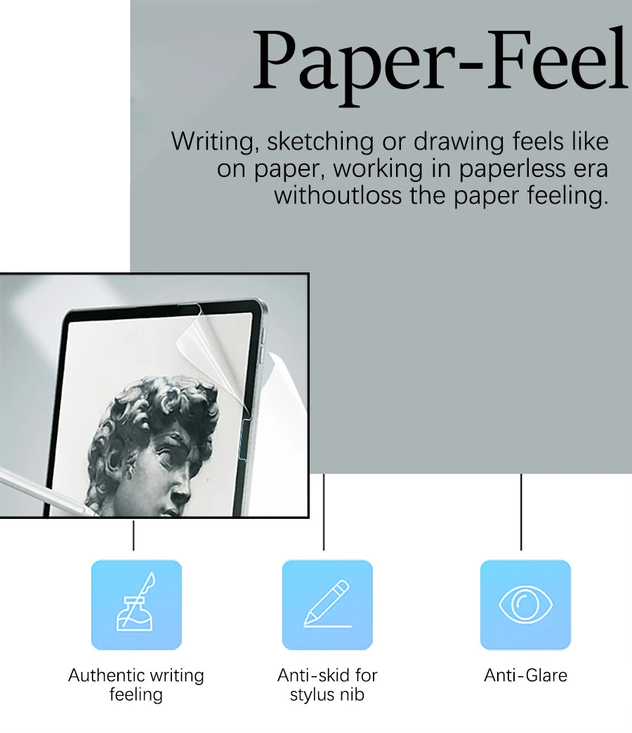 A screen protector demonstrating the paper-feel experience for writing, sketching, or drawing on an iPad.