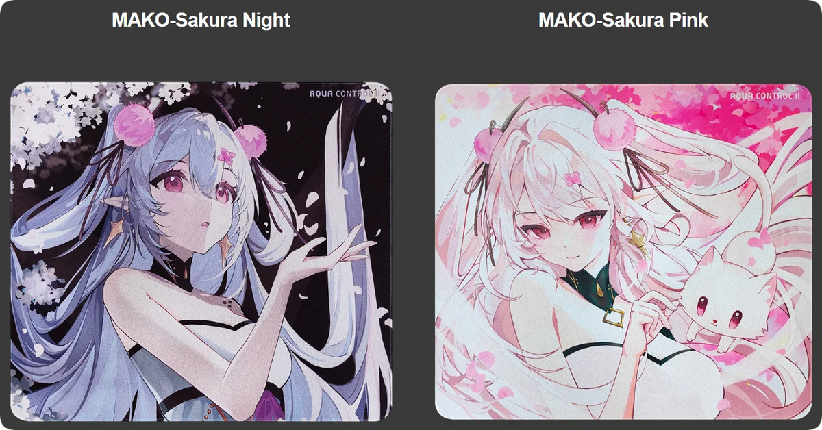 Two illustrations of MAKO-Sakura Night and MAKO-Sakura Pink characters featuring light blue and pink hair and magical themes.