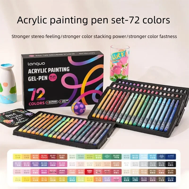 A set of 72 Languo acrylic gel pens in various colors displayed next to the packaging box.