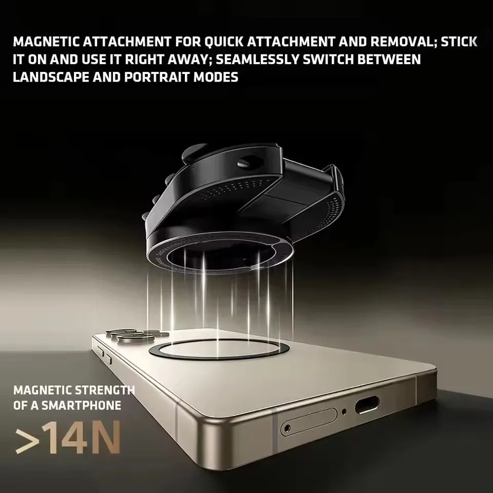 A magnetic phone holder mount is shown attached to a smartphone, demonstrating its quick attachment and removal features.