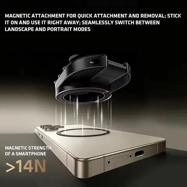 A magnetic phone holder mount is shown attached to a smartphone, demonstrating its quick attachment and removal features.