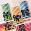 A collection of multi-color acrylic painting gel pens packaged in clear plastic tubes and boxes.