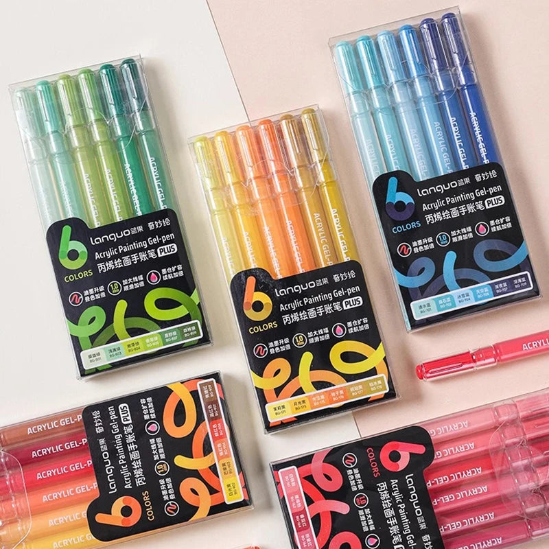 A collection of multi-color acrylic painting gel pens packaged in clear plastic tubes and boxes.