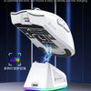 A white gaming mouse is shown above an RGB lighting ring charging base, with blue electrical effects and green light accents.