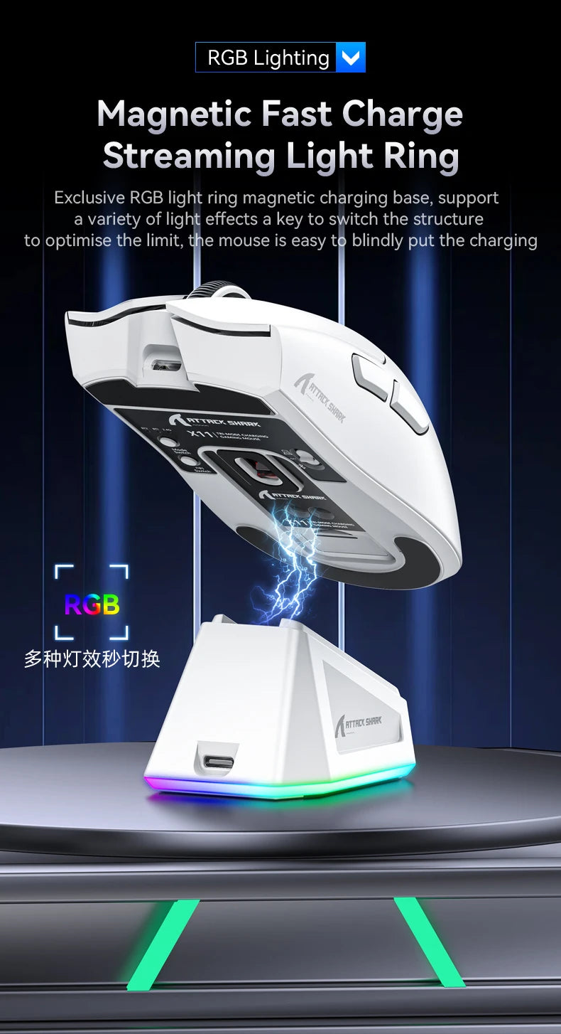 A white gaming mouse is shown above an RGB lighting ring charging base, with blue electrical effects and green light accents.