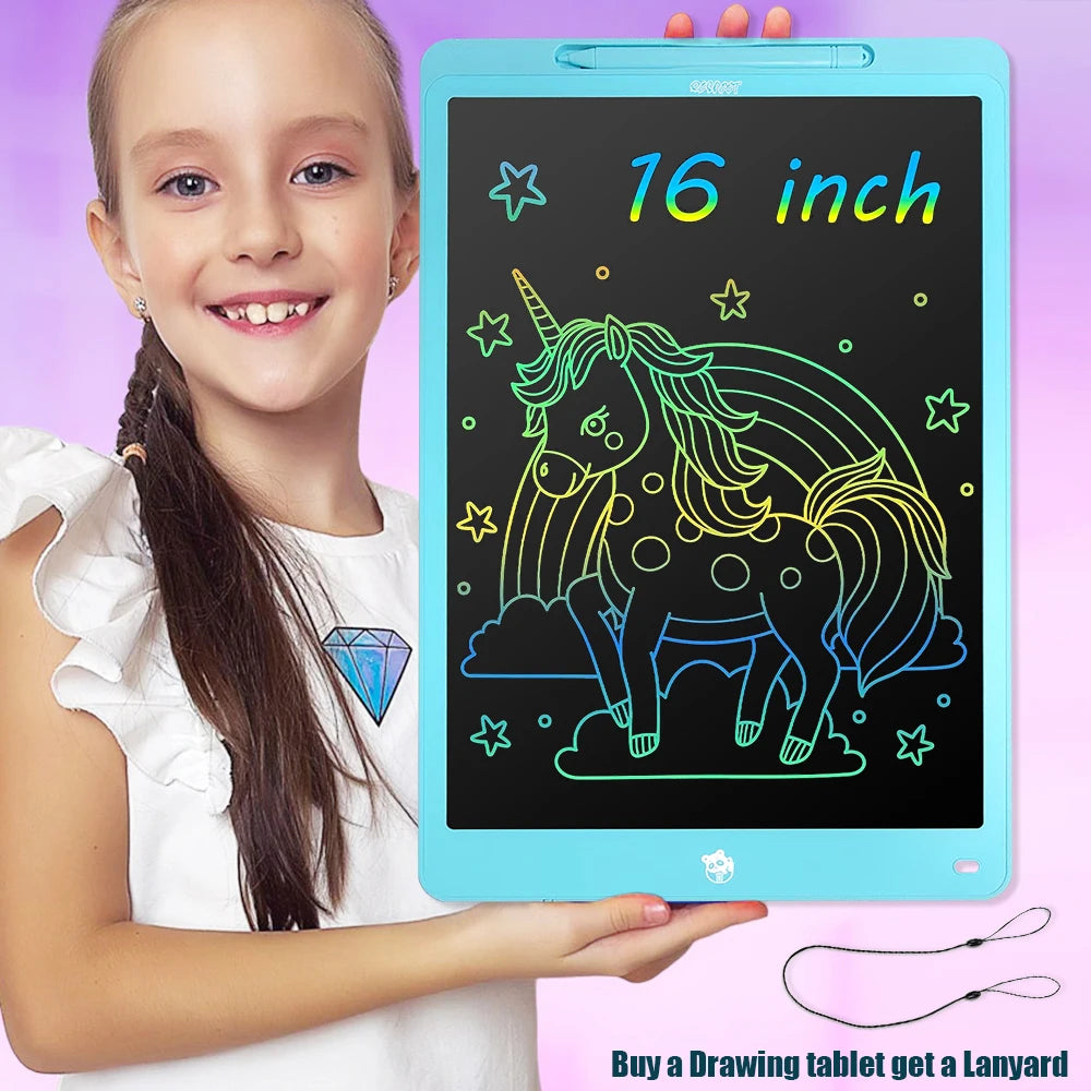 Ein junges Mädchen hält ein blaues LCD-Zeichentablet mit einer Einhorn-Umrisszeichnung und der Aufschrift 16 Zoll.