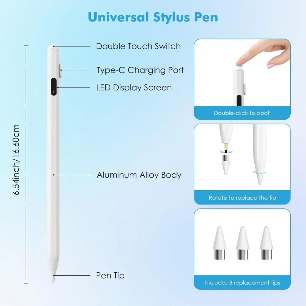 Weißer universeller Stift mit Funktionen: Doppel-Touch-Umschalter, Type-C-Ladeanschluss und LED-Display.