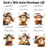 Twelve Christmas greeting cards featuring adorable Highland cow illustrations