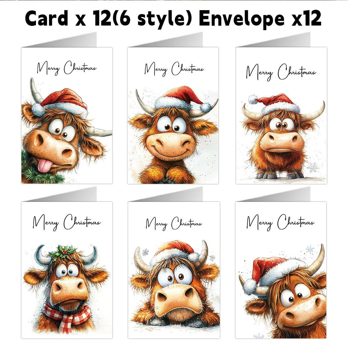 Twelve Christmas greeting cards featuring adorable Highland cow illustrations