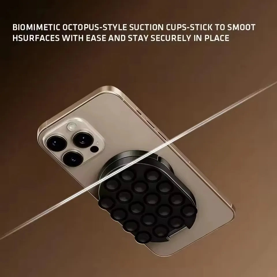 A close-up view of a phone case with a suction cup mount attached, designed to stick to smooth surfaces.